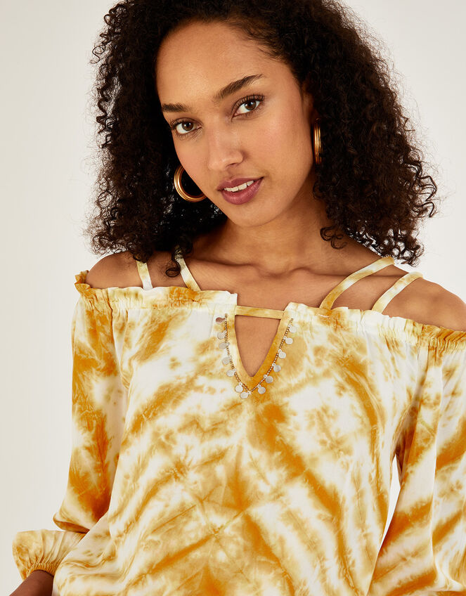 Tie Dye Printed Long Sleeve Top, Yellow (OCHRE), large