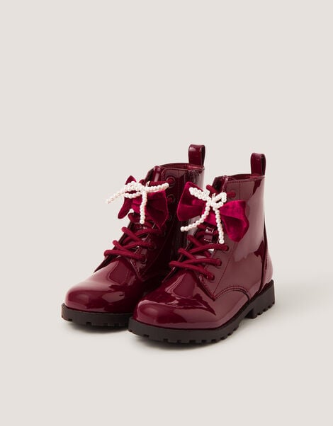 Bow Patent Lace-Up Boots, Red (BURGUNDY), large