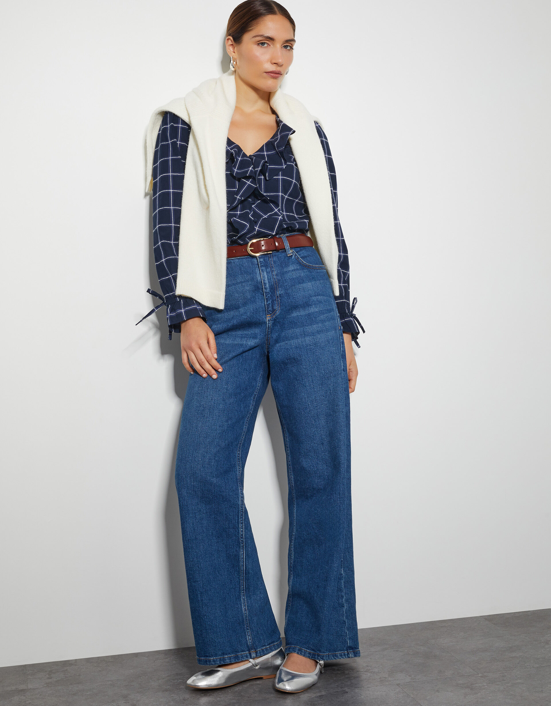 Frankie Check Print Ruffle Blouse Blue