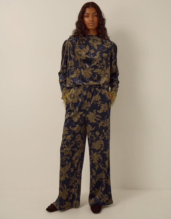 Princella High Waisted Floral Velvet Wide Leg Trousers, Blue (NAVY), large