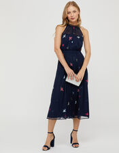 Marigold Embroidered Swallow Midi Dress, Blue (NAVY), large