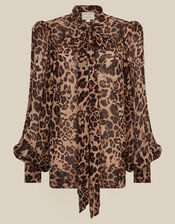 Monsoon x Queens of Archive Lila Tie Neck Leopard Print Blouse​, Brown (BROWN), large