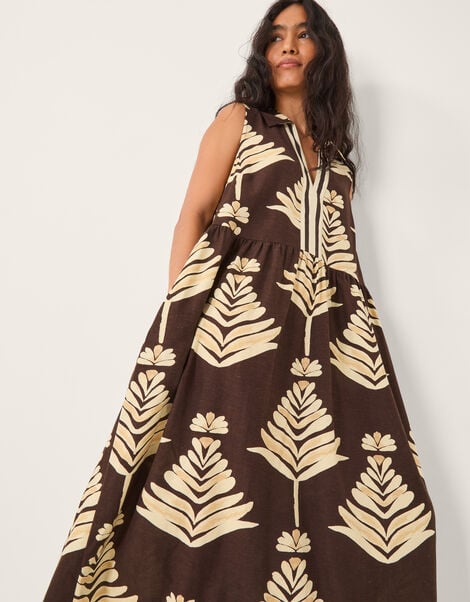 Pamela Linen Blend Leaf Print Midi Dress, Brown (CHOCOLATE), large