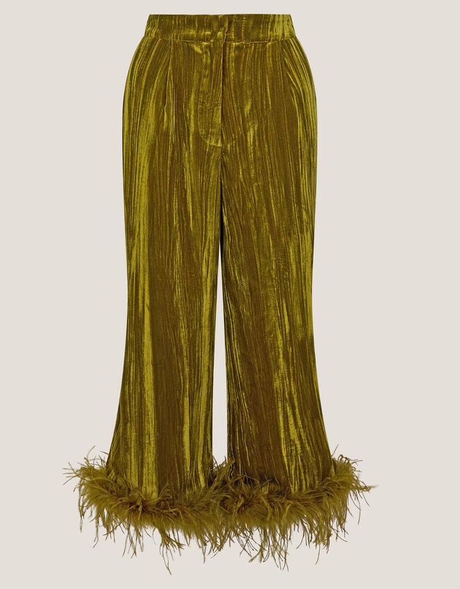 Olivia Feather Cuff Velvet Pants, Green (OLIVE), large