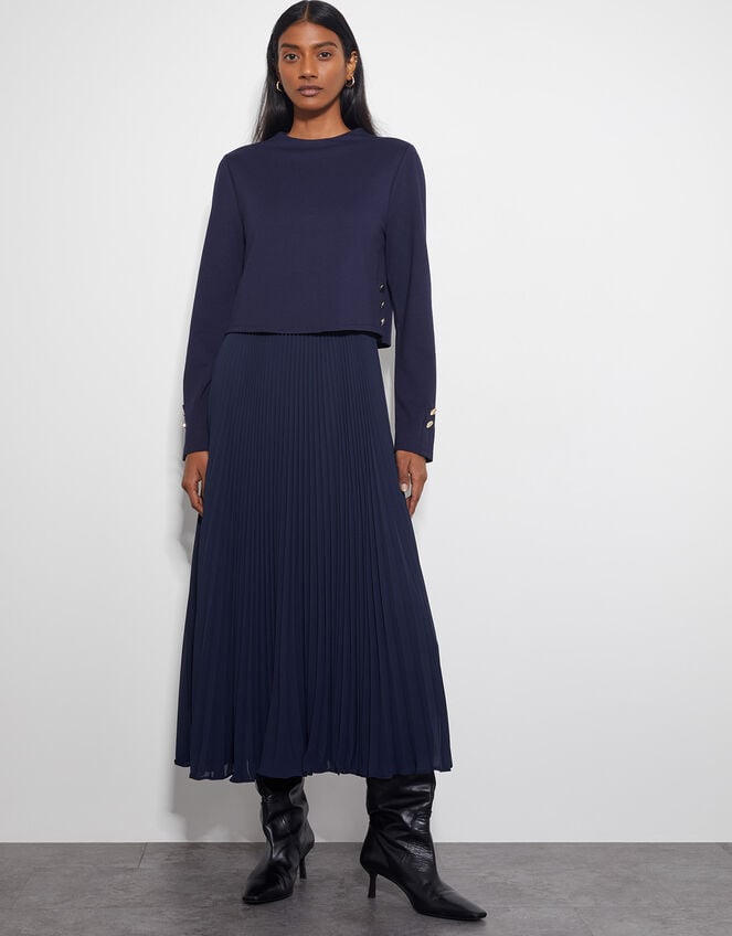 Penny Long Sleeve Pleated Midi Dress, Blue (NAVY), large