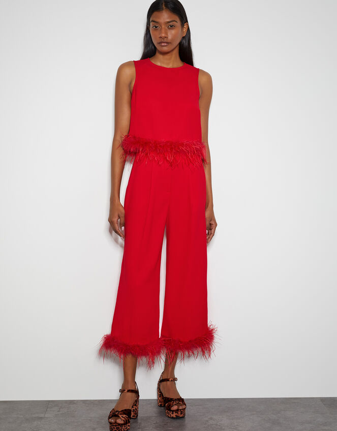 Monsoon x Sarah Corbett-Winder Feather Trim Cropped Trousers, Red (RED), large