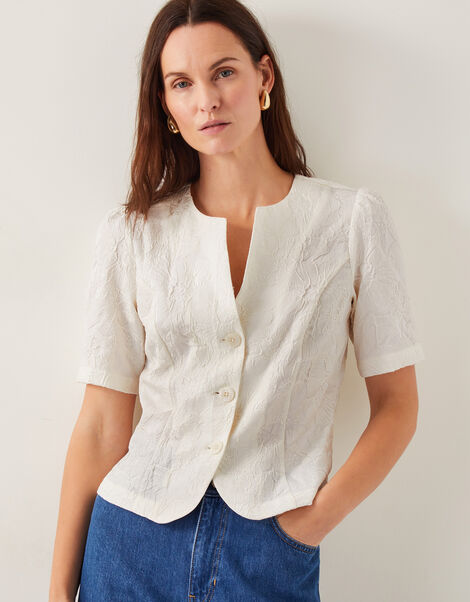 Eliza Short Sleeve Jacquard Top, Ivory (IVORY), large