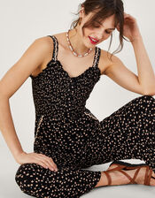 Dot Print Shirred Jumpsuit, Black (BLACK), large