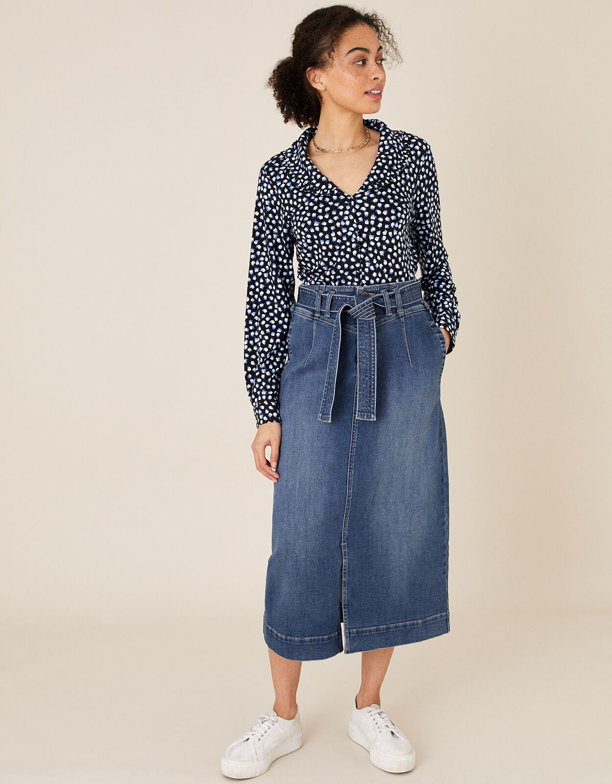 Straight Denim Midi Skirt Blue