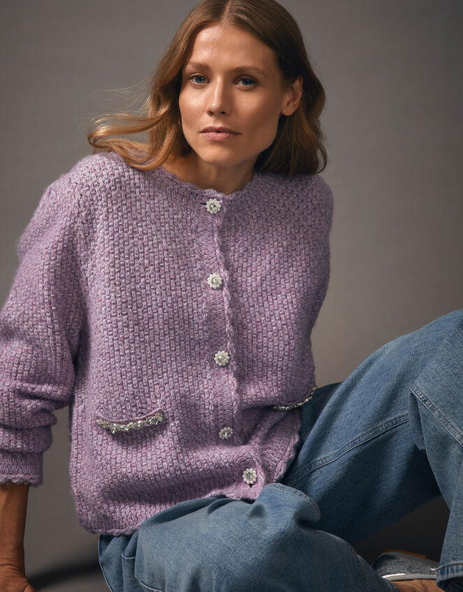 Jaz Jewel Woven Knit Cardigan, Purple (LILAC), large