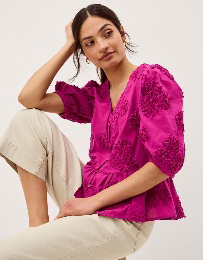 Tammy Puff Sleeve Embroidered Top, Pink (BRIGHT PINK), large