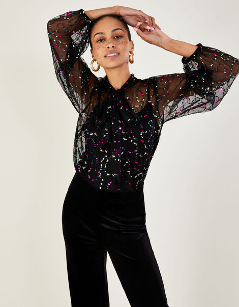 Daria Embellished Pussybow Blouse in Recycled Polyester , Black (BLACK), large