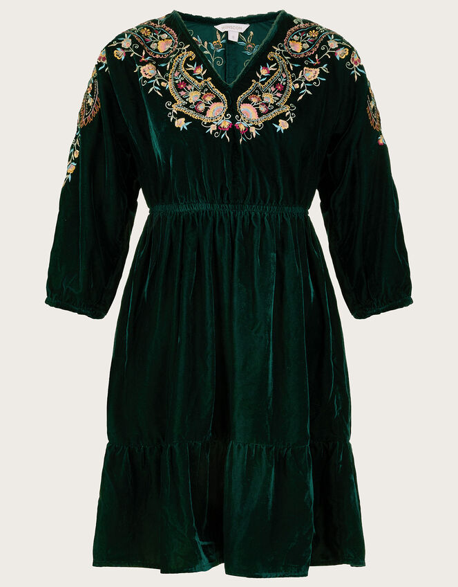 Velvet Embroidered Paisley Paget Dress, Green (GREEN), large